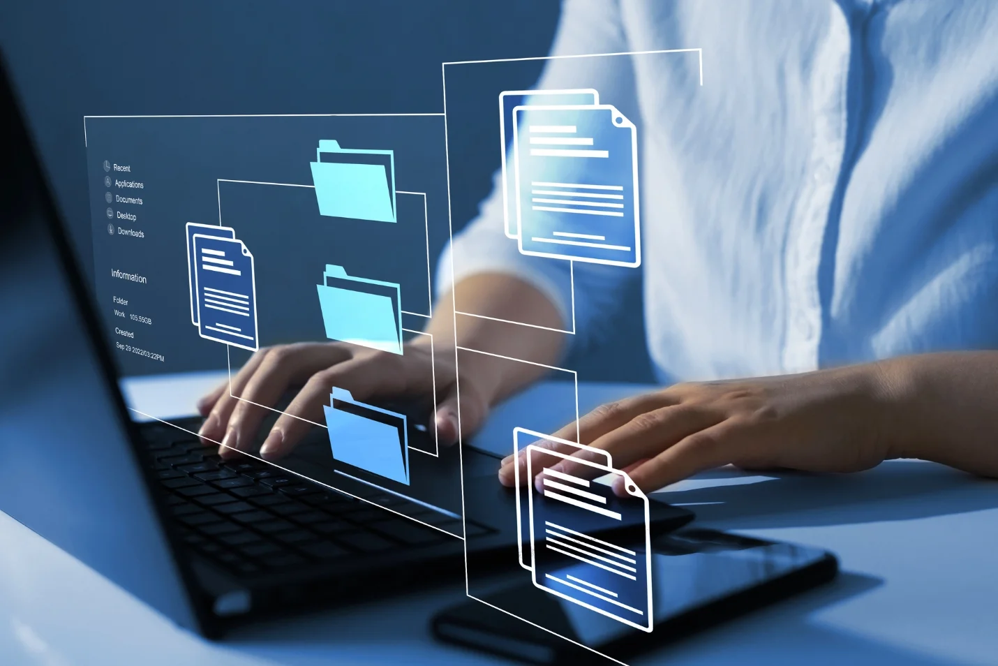 Digital file management interface with automation icons representing archiving, folders, cloud storage, and search, symbolizing efficient document organization and access.